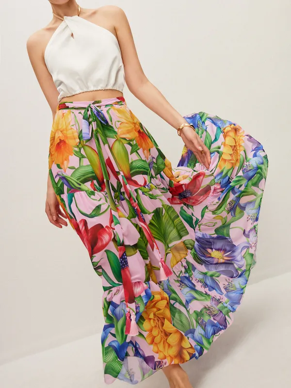 Semi-Sheer Floral Print Belted Chiffon Skirt sold by COMMENSE