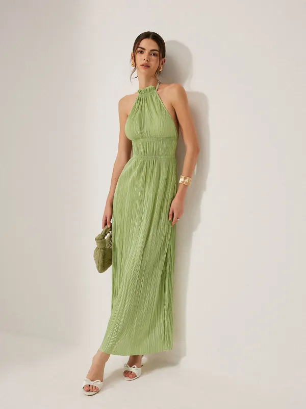 Pleated Halter Backless Dress sold by COMMENSE