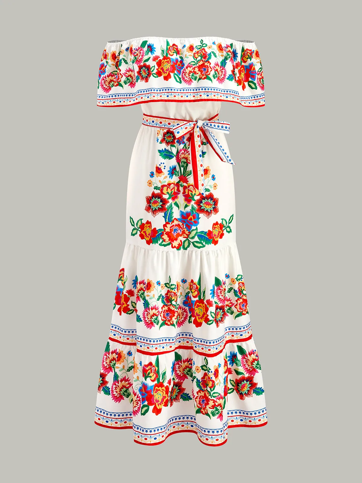 Off-Shoulder Floral Print Dress With Belt sold by COMMENSE