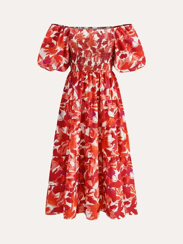 Off-Shoulder Smocked Floral Dress sold by COMMENSE