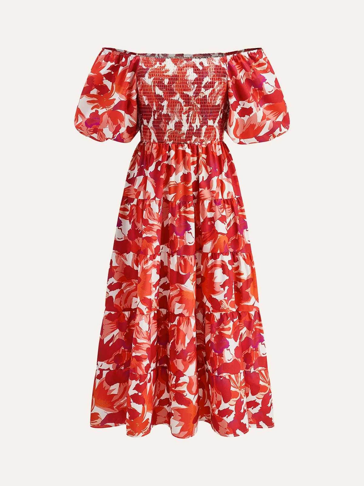 Off-Shoulder Smocked Floral Dress sold by COMMENSE