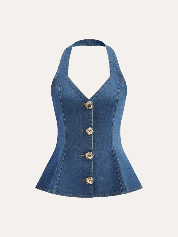 Denim Halter Top With Button Details made by COMMENSE