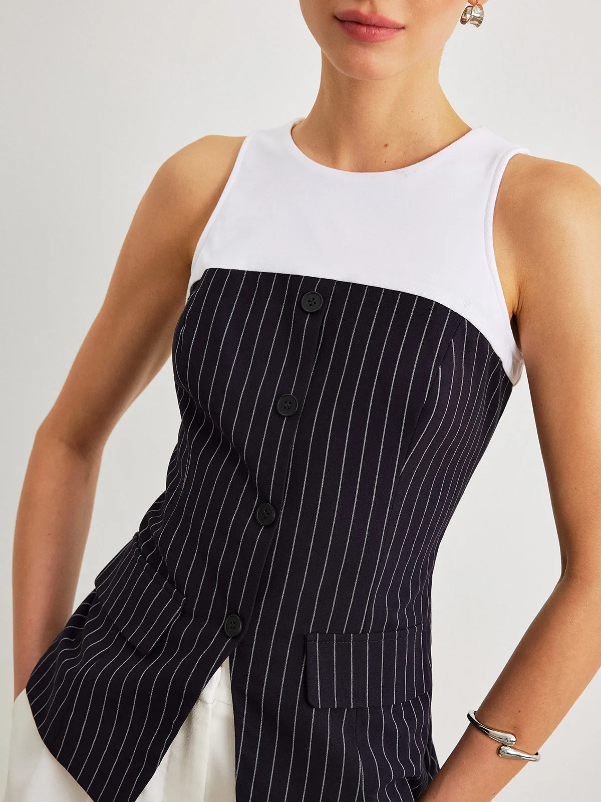 Pinstripe Button Detail Top With Decor Pockets sold by COMMENSE product image thumbnail 2