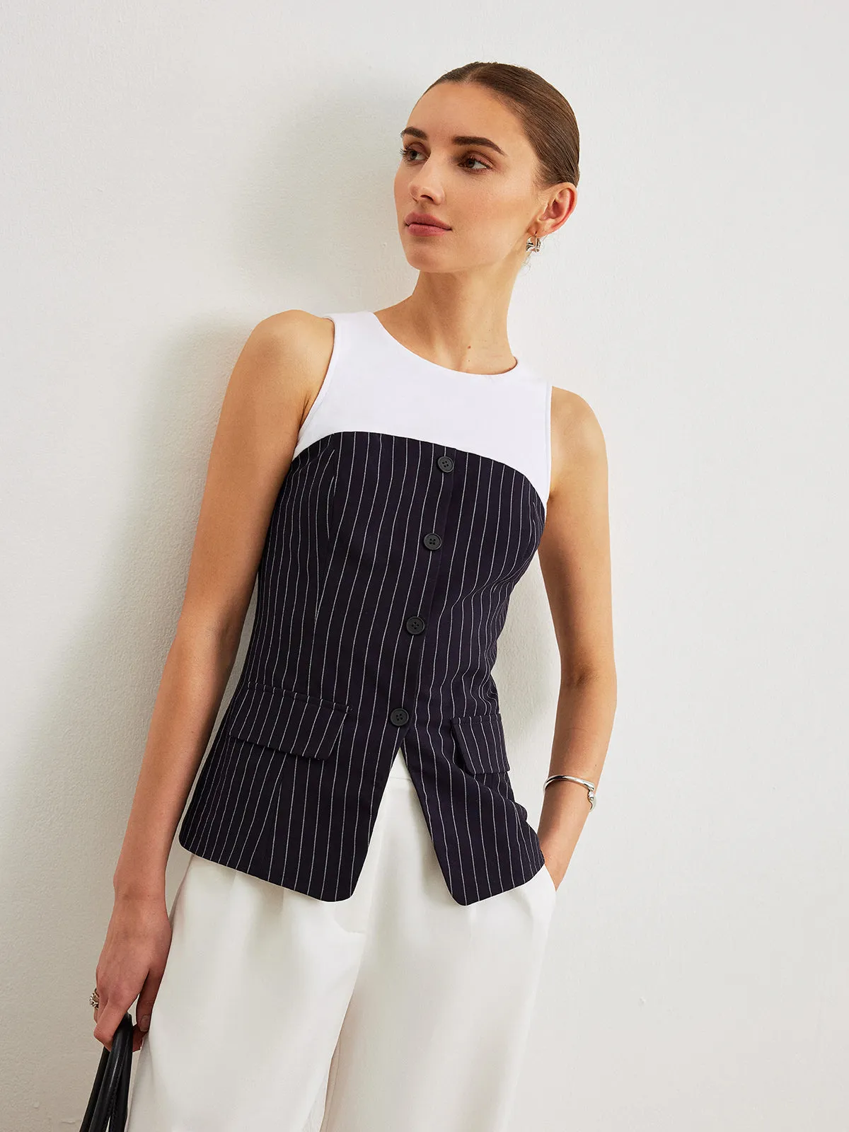 Pinstripe Button Detail Top With Decor Pockets sold by COMMENSE product image thumbnail 4