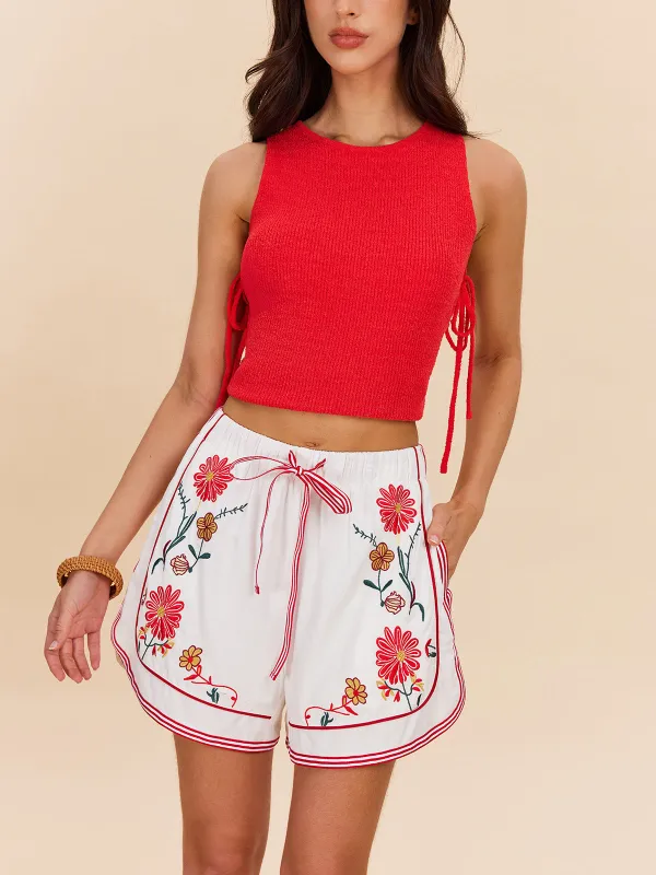 Cotton & Linen Floral Embroidered Shorts With Drawstring Waist sold by COMMENSE