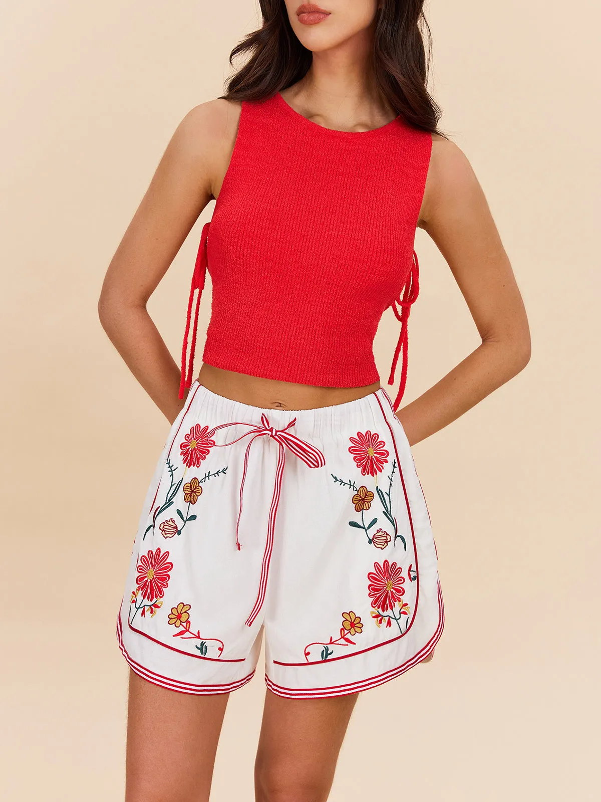 Cotton & Linen Floral Embroidered Shorts With Drawstring Waist sold by COMMENSE product image thumbnail 4