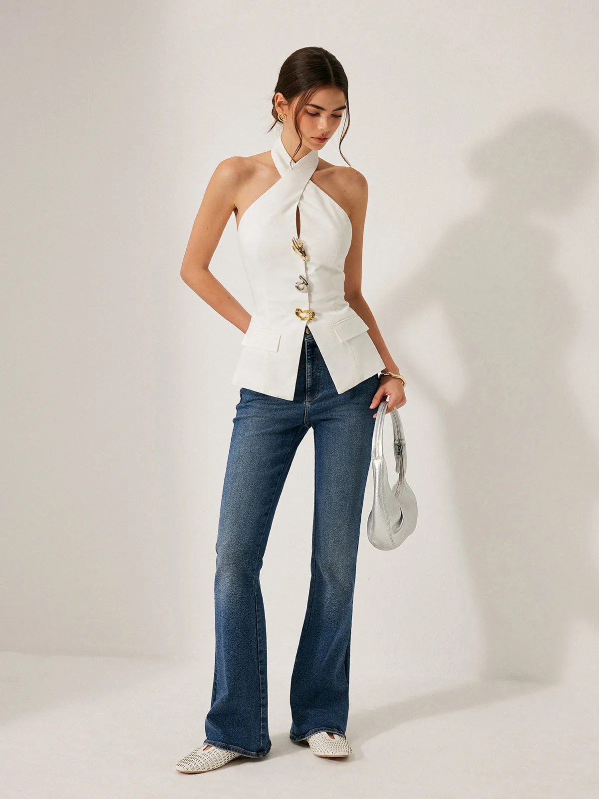 Cotton & Linen Cross-Back Halter Top With Decor Pockets sold by COMMENSE product image thumbnail 5