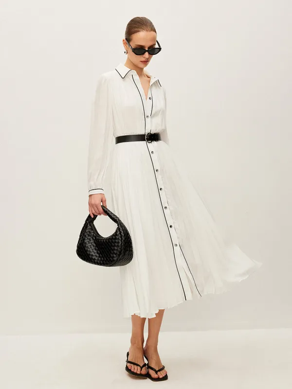Button-Front Pleated Dress With Belt sold by COMMENSE