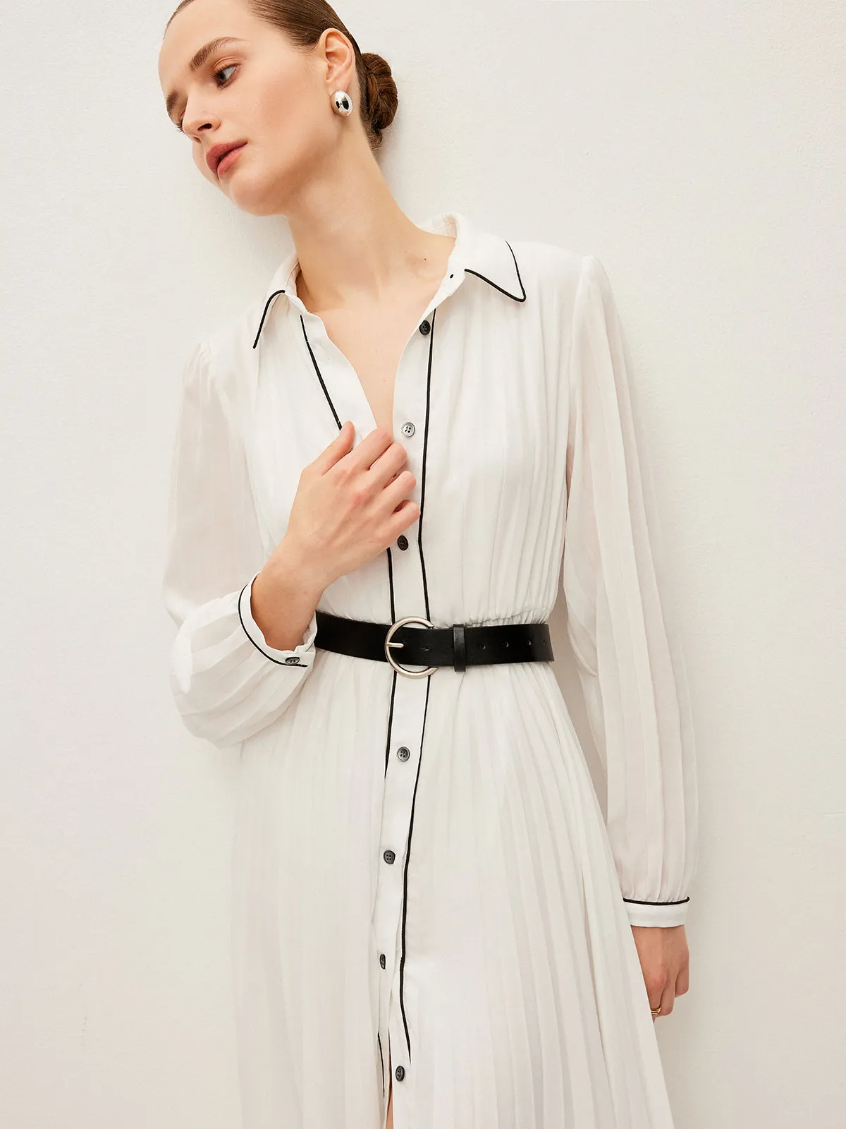 Button-Front Pleated Dress With Belt sold by COMMENSE product image thumbnail 3