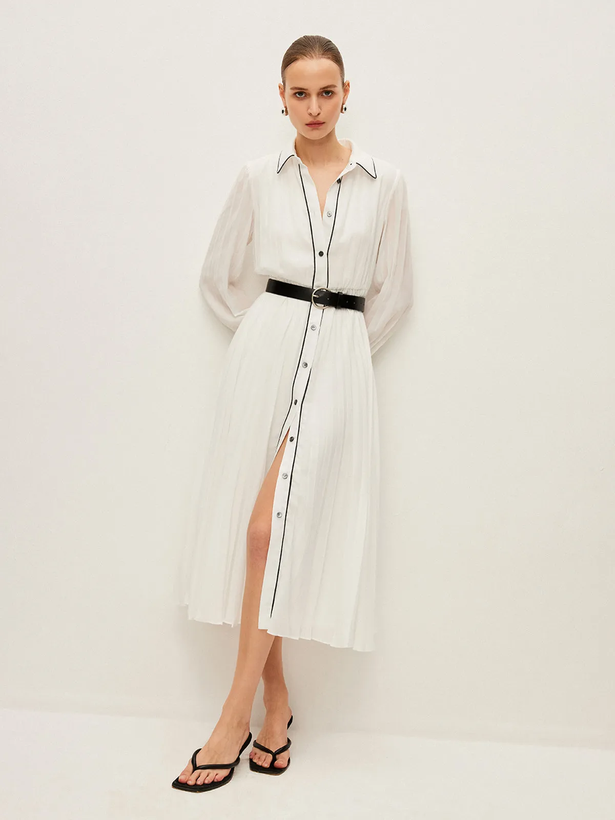 Button-Front Pleated Dress With Belt sold by COMMENSE product image thumbnail 2