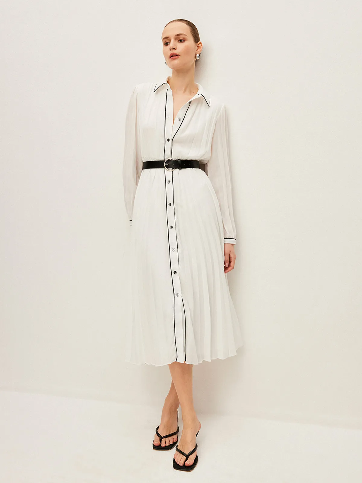 Button-Front Pleated Dress With Belt sold by COMMENSE product image thumbnail 4