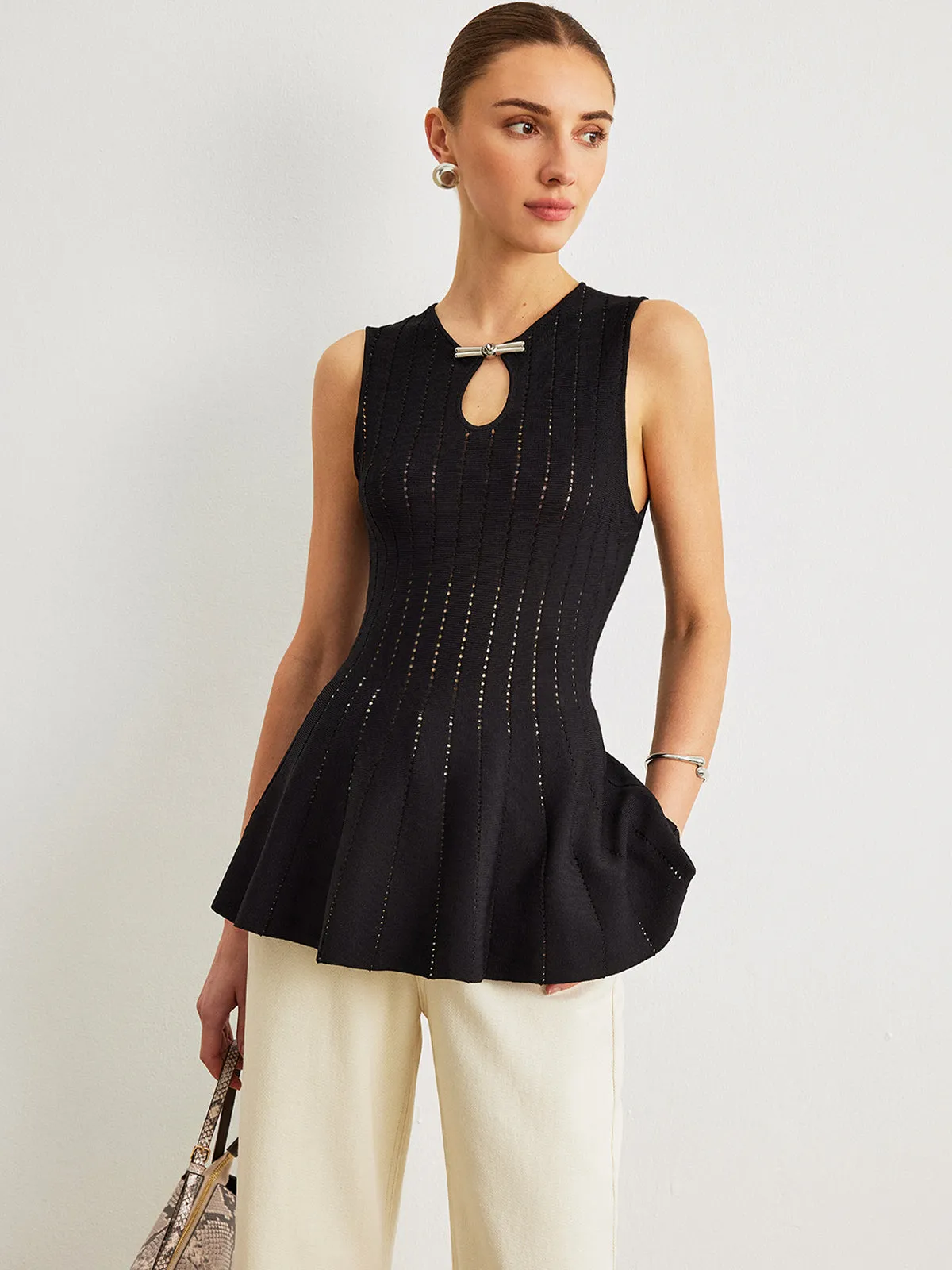 Semi-Sheer Knit Peplum Top With Bow Detail sold by COMMENSE product image thumbnail 3