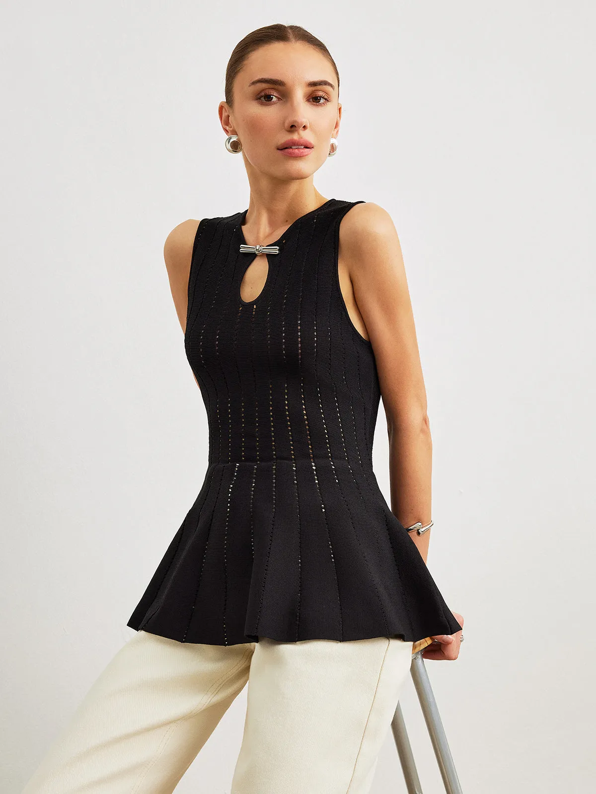 Semi-Sheer Knit Peplum Top With Bow Detail sold by COMMENSE product image thumbnail 4