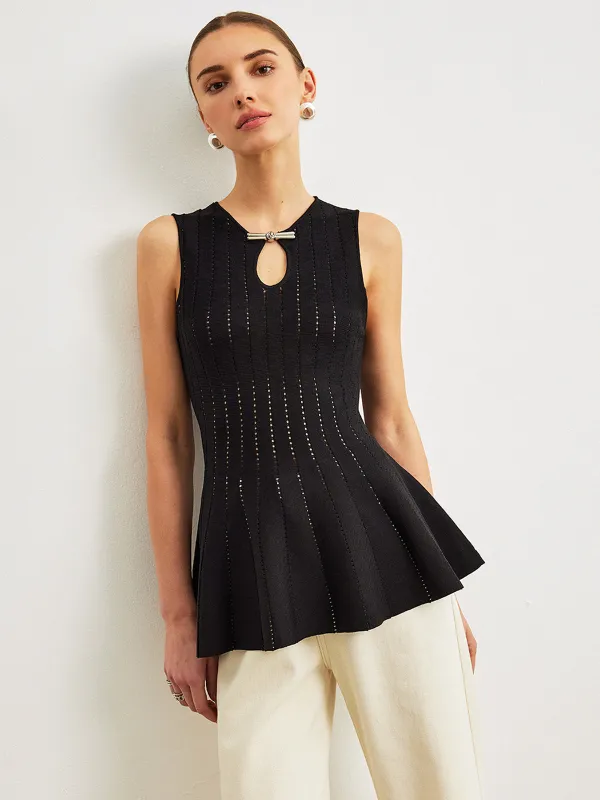 Semi-Sheer Knit Peplum Top With Bow Detail sold by COMMENSE