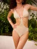 Metal Beaded Chain Cut-Out Tie One-Piece Swimsuit sold by COMMENSE
