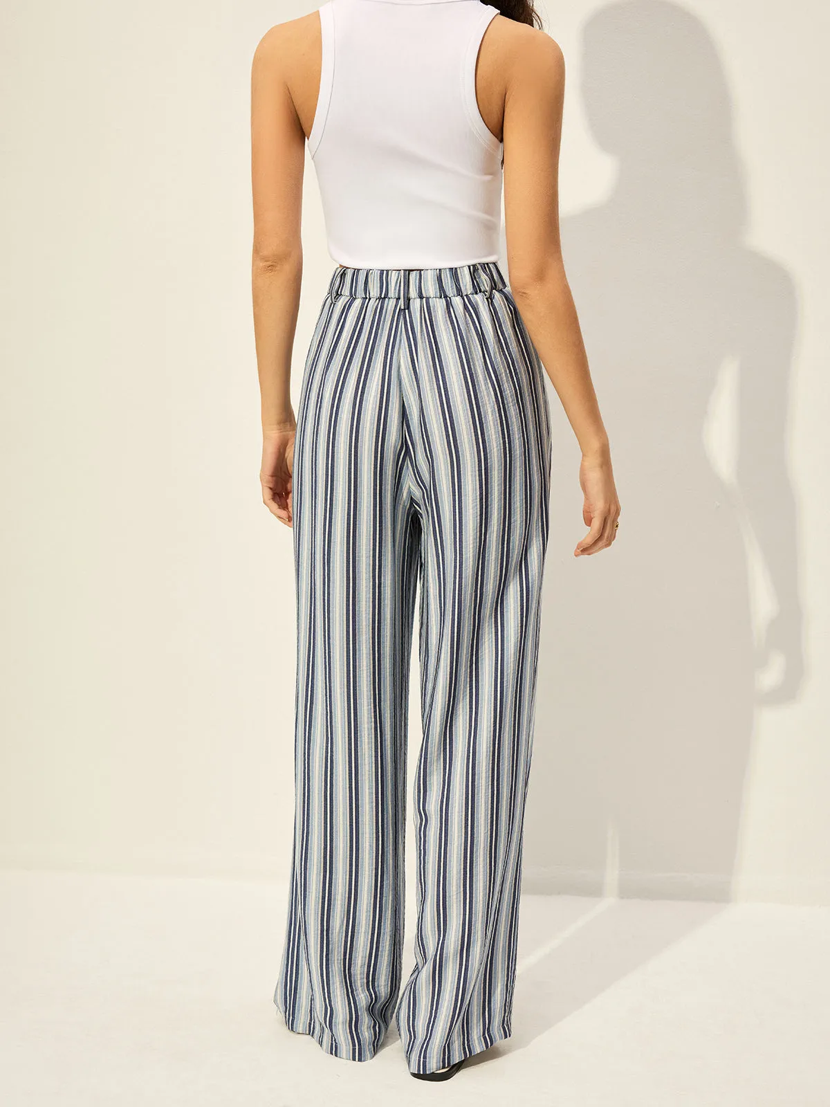 Cotton Blend High-Waist Striped Pants sold by COMMENSE product image thumbnail 4