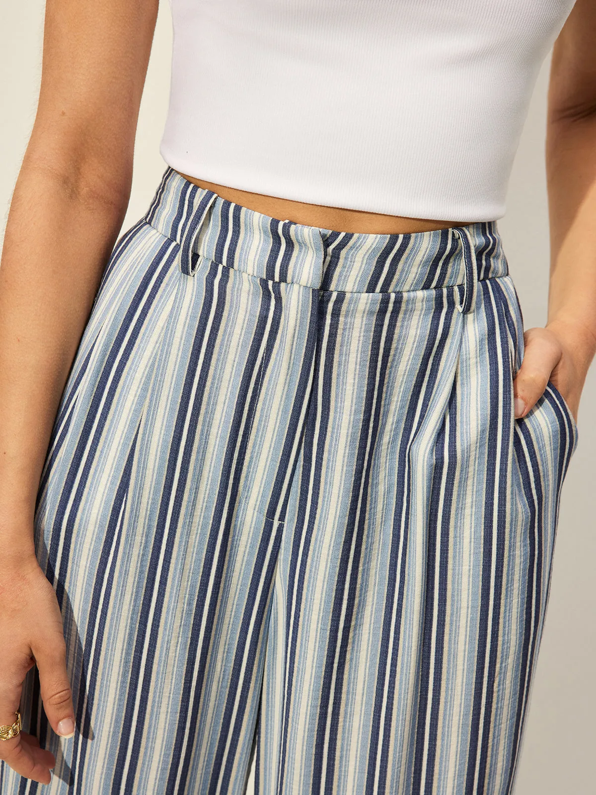 Cotton Blend High-Waist Striped Pants sold by COMMENSE product image thumbnail 3
