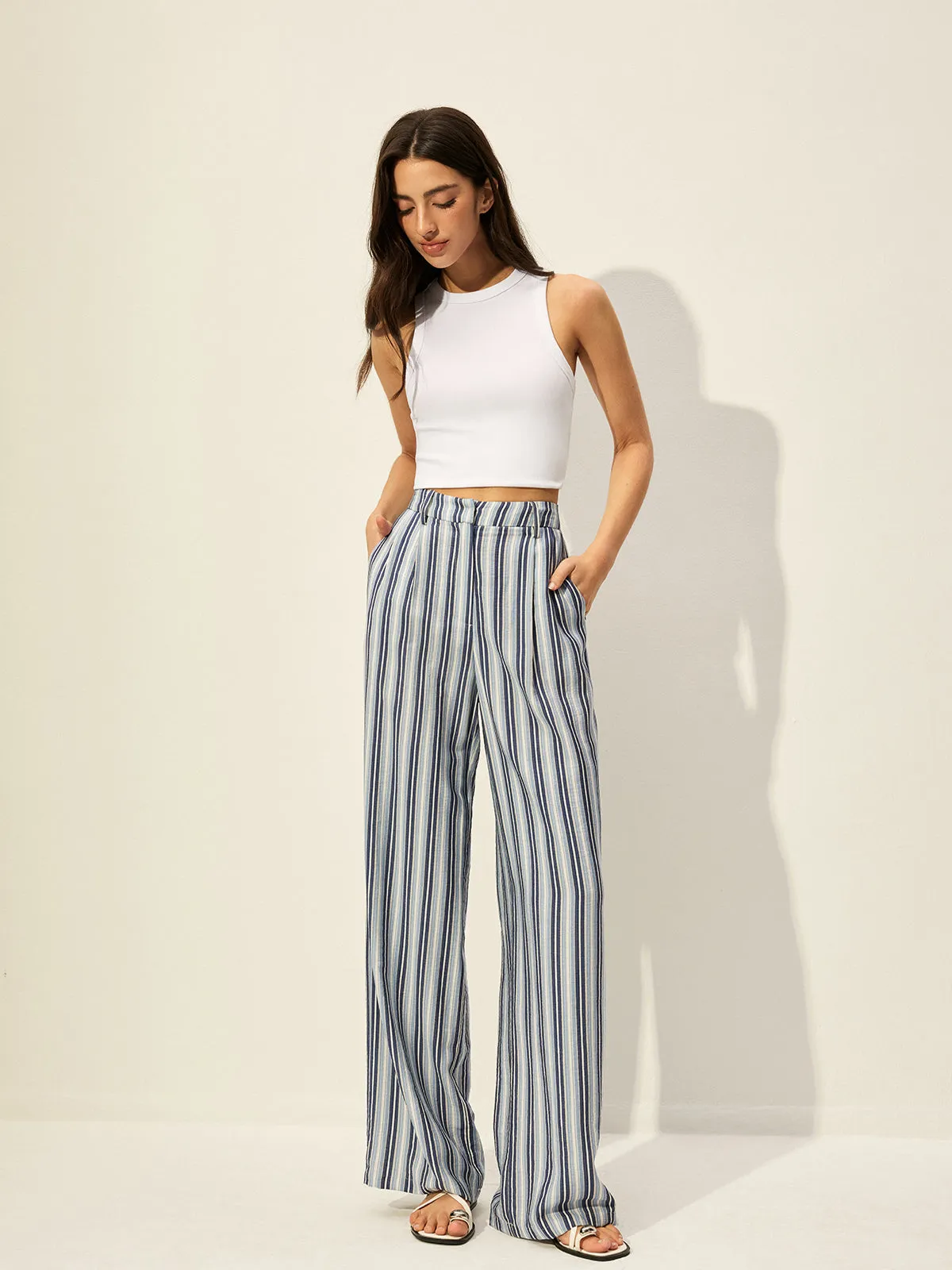 Cotton Blend High-Waist Striped Pants sold by COMMENSE product image thumbnail 2