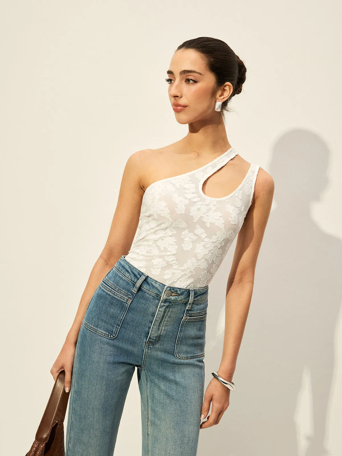 Semi-Sheer One-Shoulder Asymmetrical Cut-Out Embroidery Tank Top sold by COMMENSE product image thumbnail 4