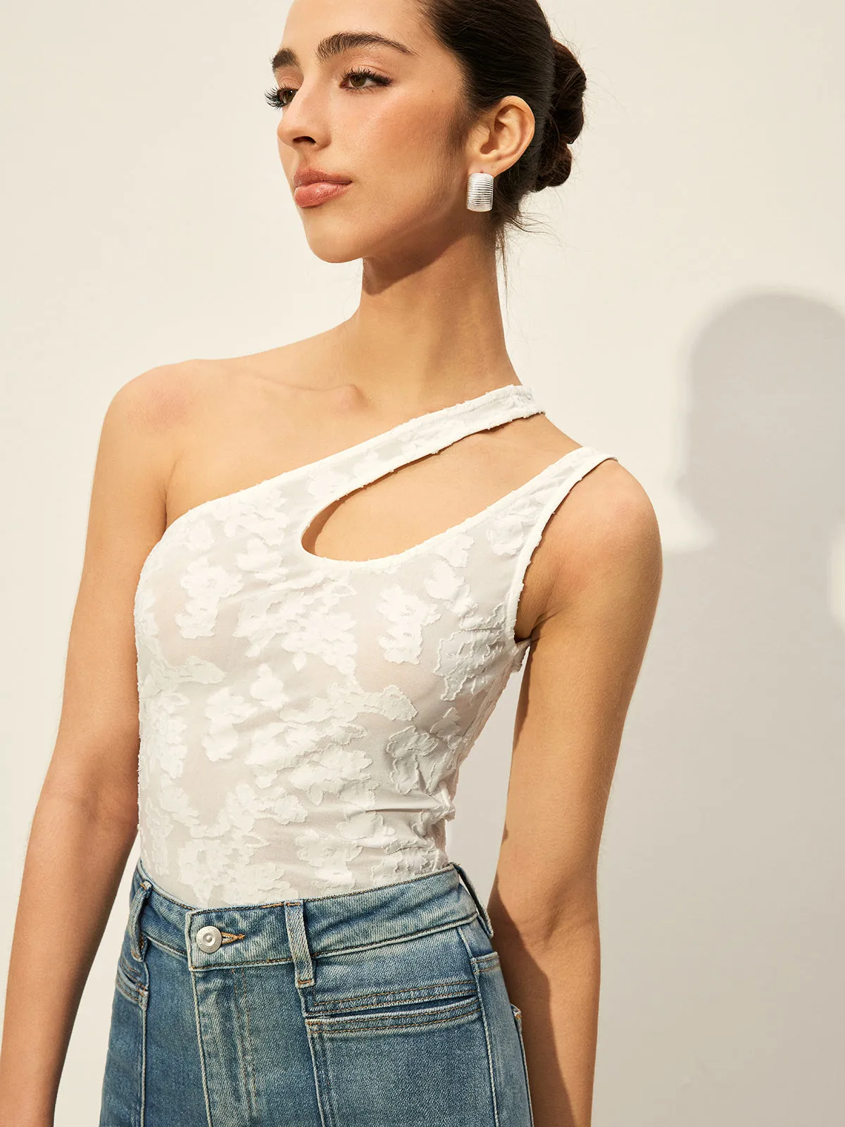 Semi-Sheer One-Shoulder Asymmetrical Cut-Out Embroidery Tank Top sold by COMMENSE product image thumbnail 3