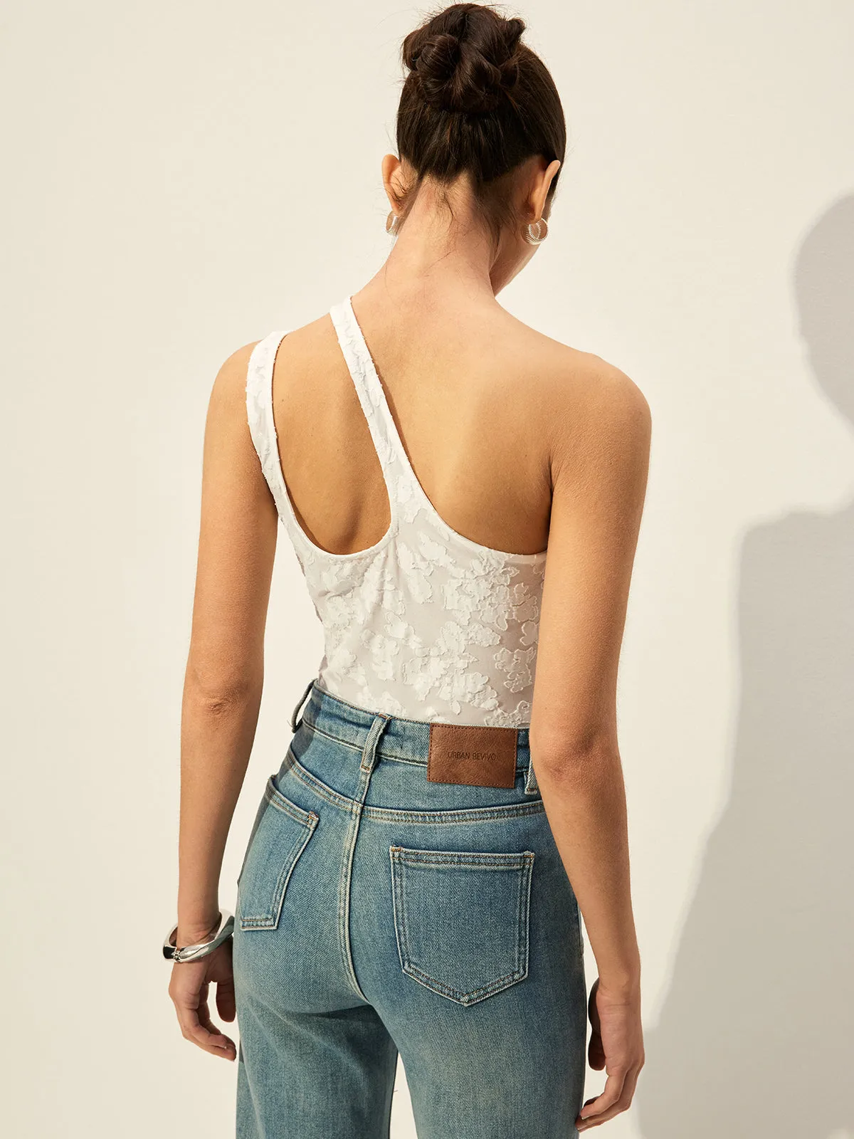 Semi-Sheer One-Shoulder Asymmetrical Cut-Out Embroidery Tank Top sold by COMMENSE product image thumbnail 2