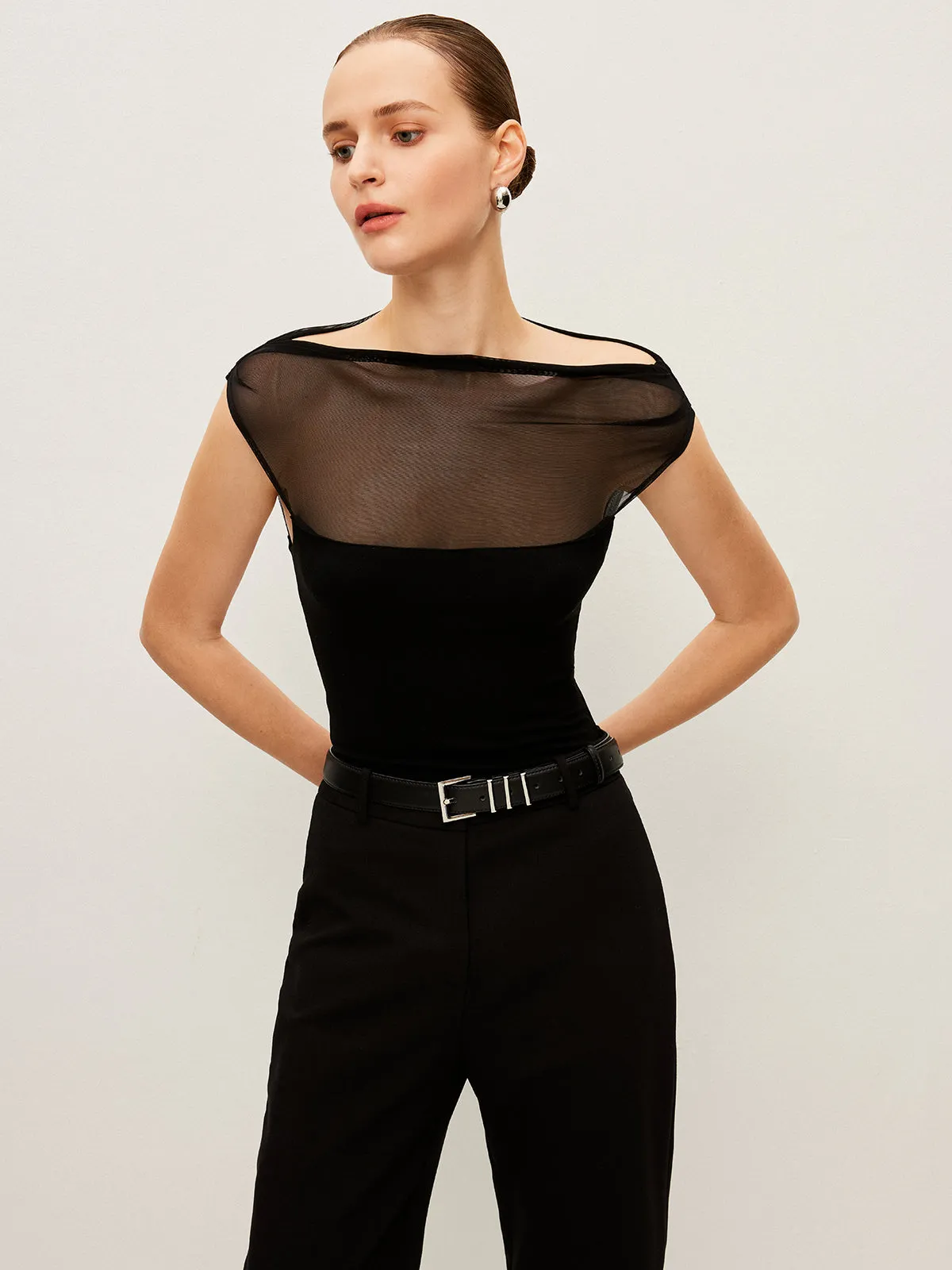 Semi-Sheer Mesh Panel Boat Neck T-Shirt sold by COMMENSE product image thumbnail 5