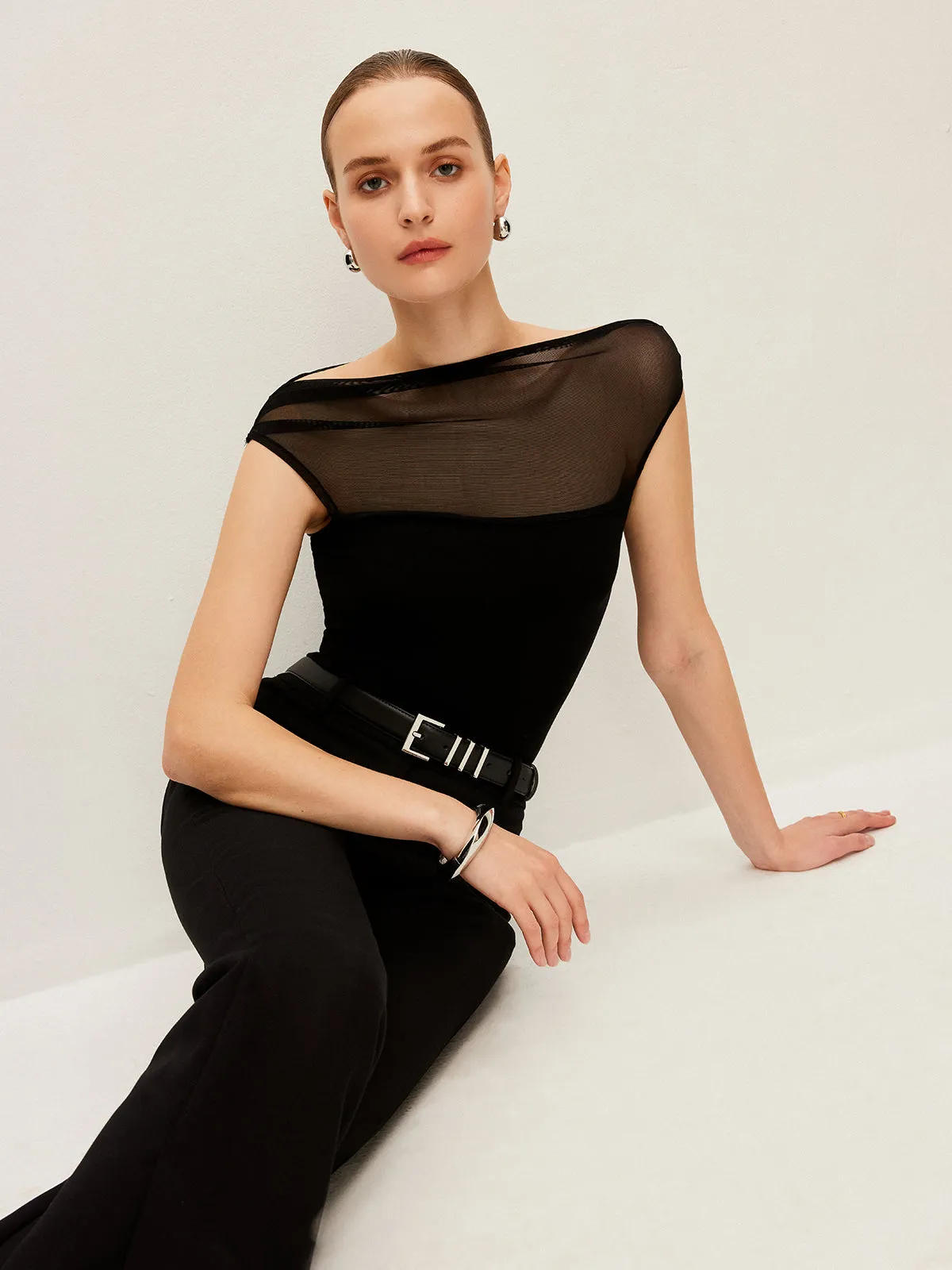 Semi-Sheer Mesh Panel Boat Neck T-Shirt sold by COMMENSE product image thumbnail 3