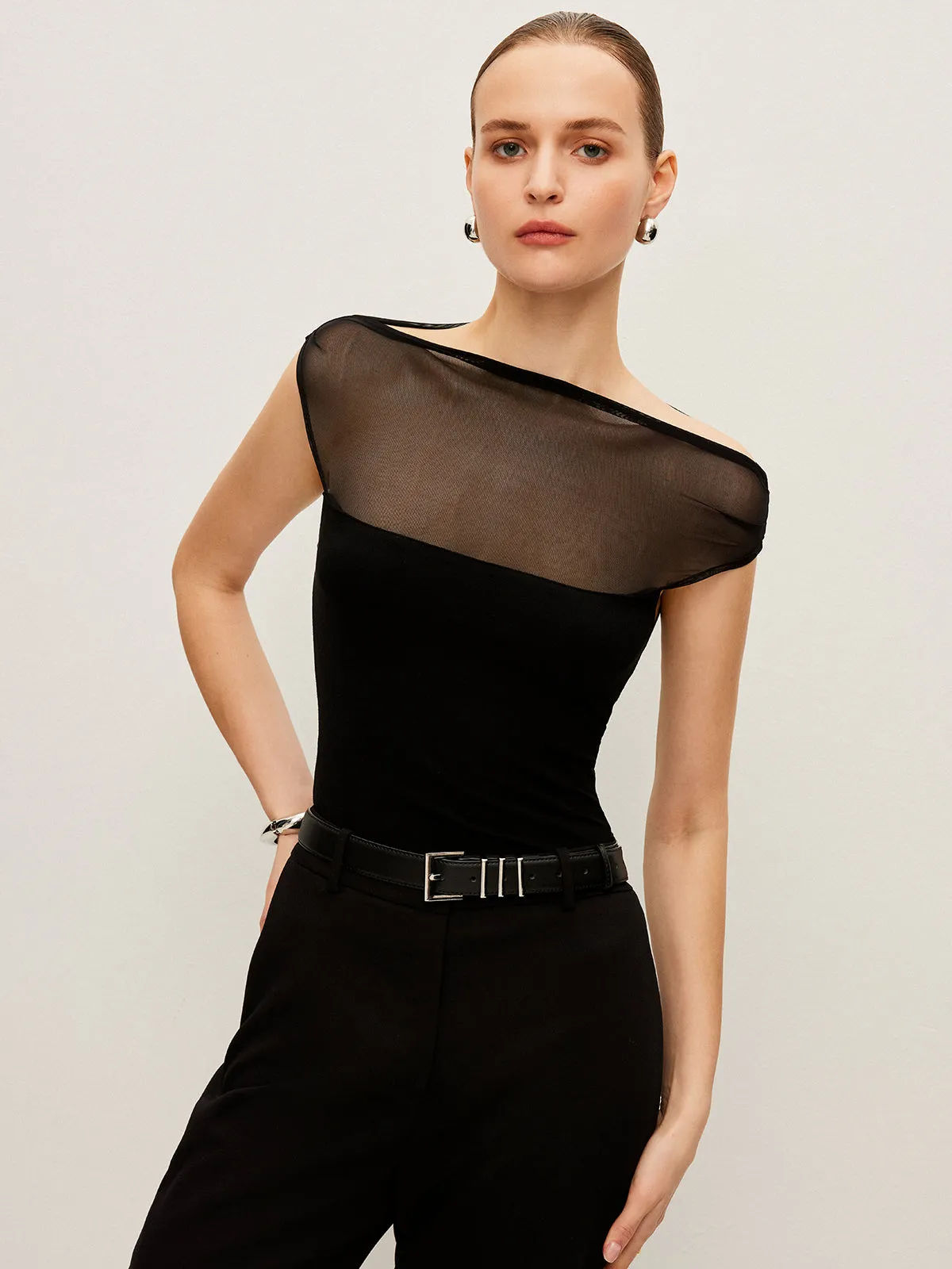 Semi-Sheer Mesh Panel Boat Neck T-Shirt sold by COMMENSE product image thumbnail 4