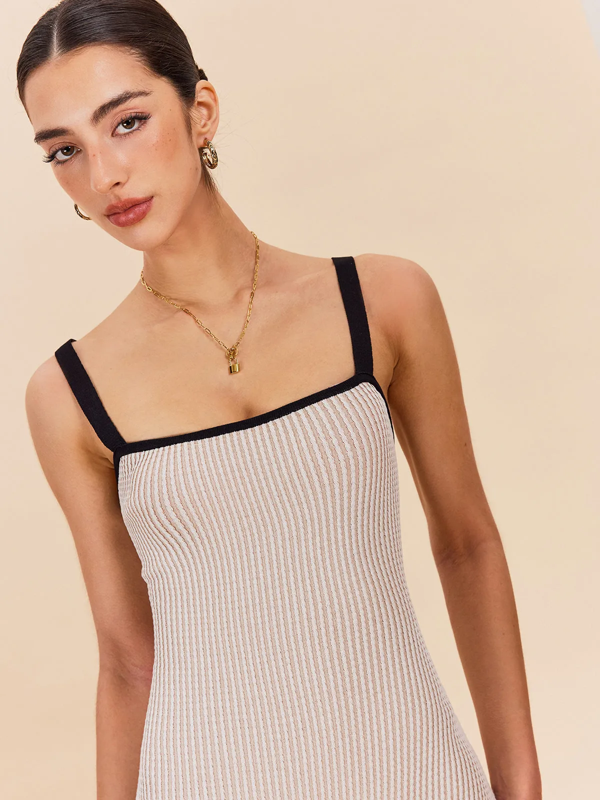 Striped Contrast Trim Spaghetti Strap Sweater Dress sold by COMMENSE product image thumbnail 3