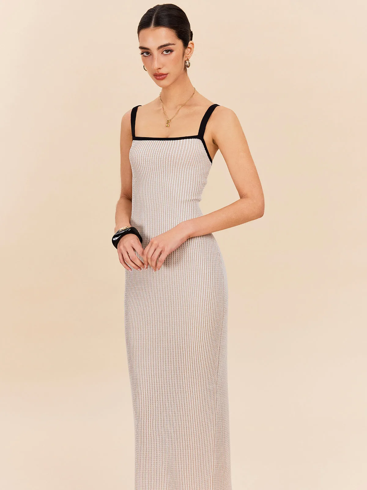 Striped Contrast Trim Spaghetti Strap Sweater Dress sold by COMMENSE product image thumbnail 4