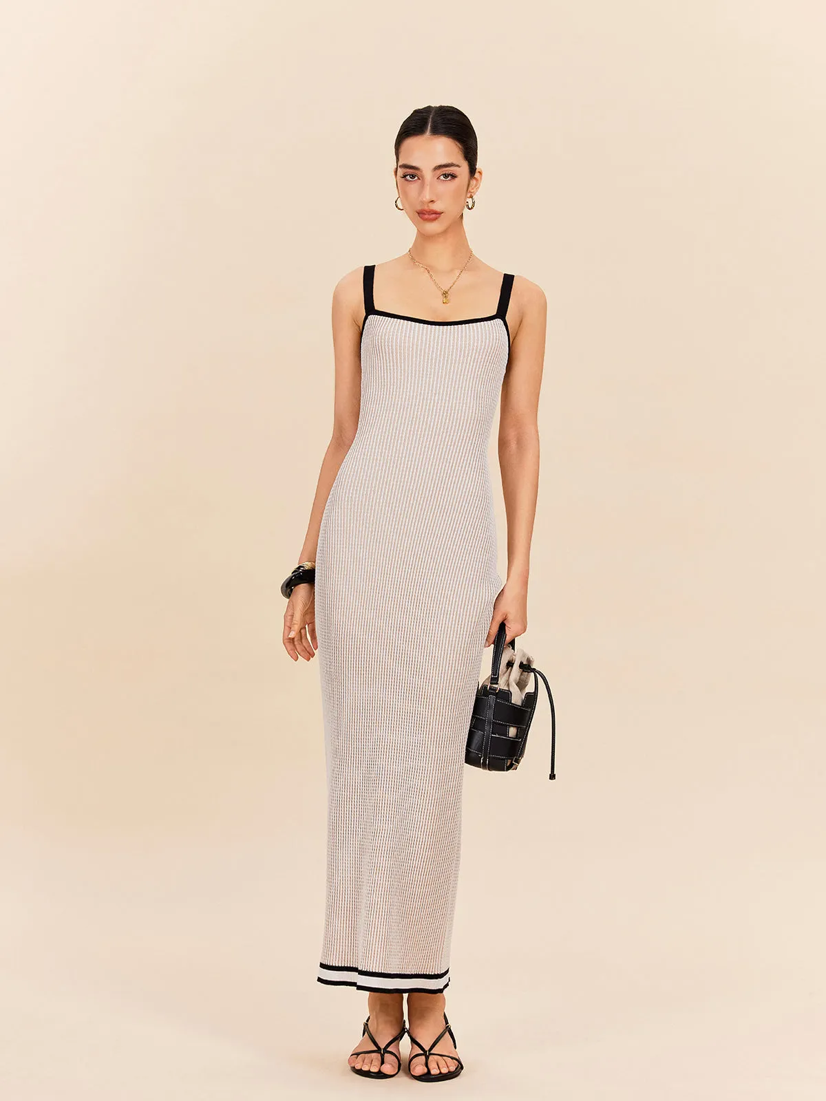 Striped Contrast Trim Spaghetti Strap Sweater Dress sold by COMMENSE