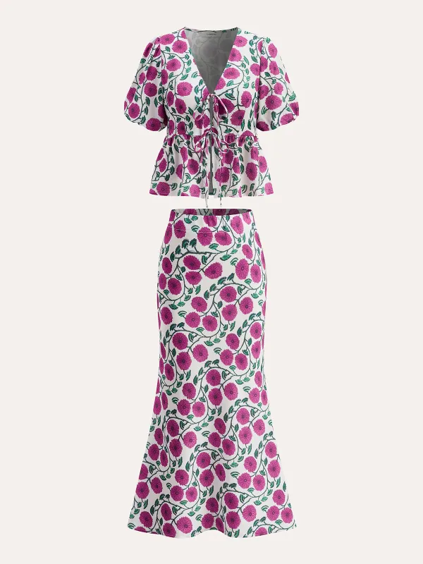 Boho V-Neck Drawstring Puff Sleeve Skirt Set sold by COMMENSE