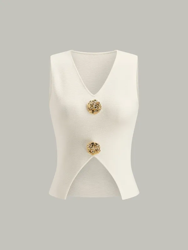 Metal Detail V-Neck Spilt Sweater Vest sold by COMMENSE