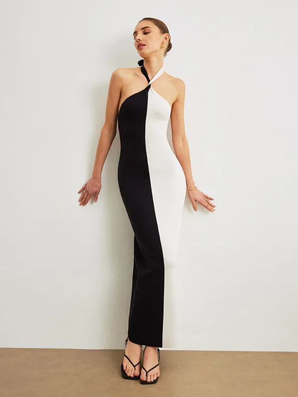 Color Block Halter Knotted Backless Long Dress sold by COMMENSE