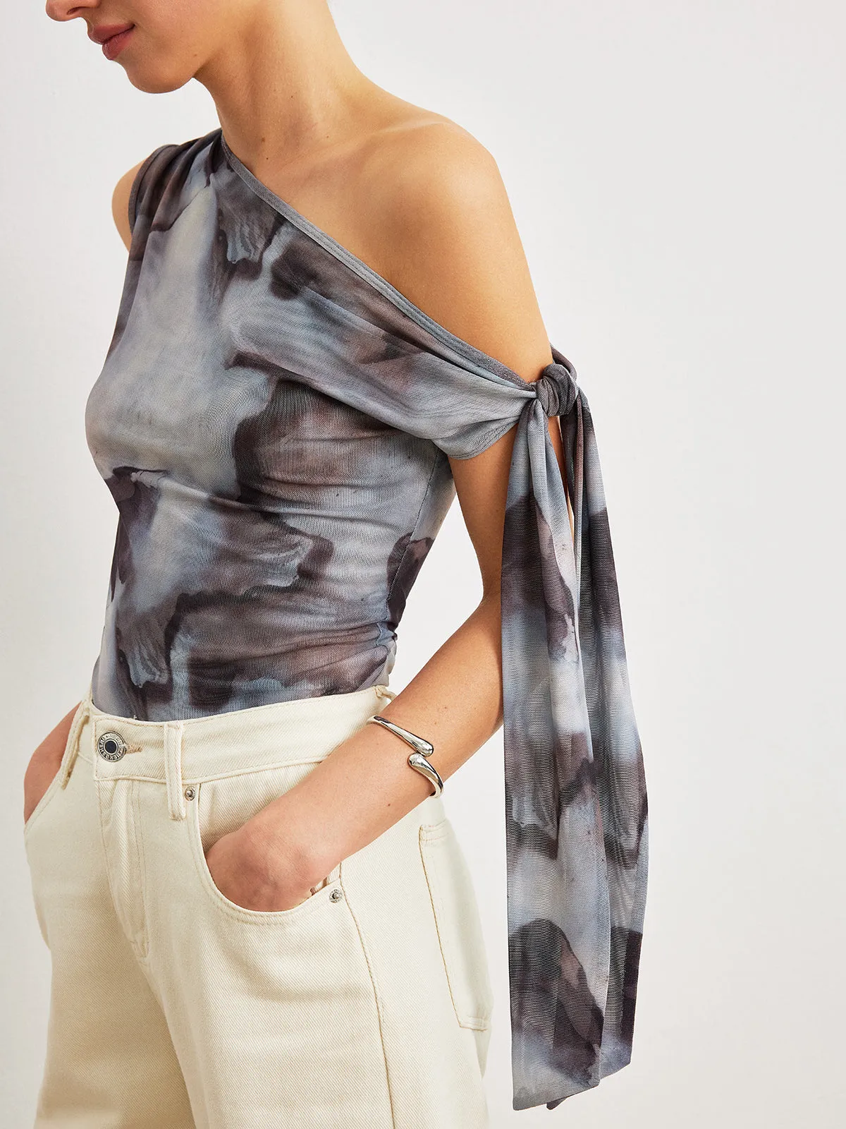 Boho Print Asymmetrical Neck Mesh Draped Blouse sold by COMMENSE product image thumbnail 2