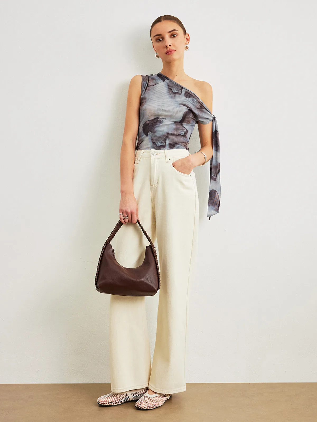 Boho Print Asymmetrical Neck Mesh Draped Blouse sold by COMMENSE product image thumbnail 5