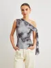 Boho Print  Asymmetrical Neck Mesh Draped Blouse sold by COMMENSE