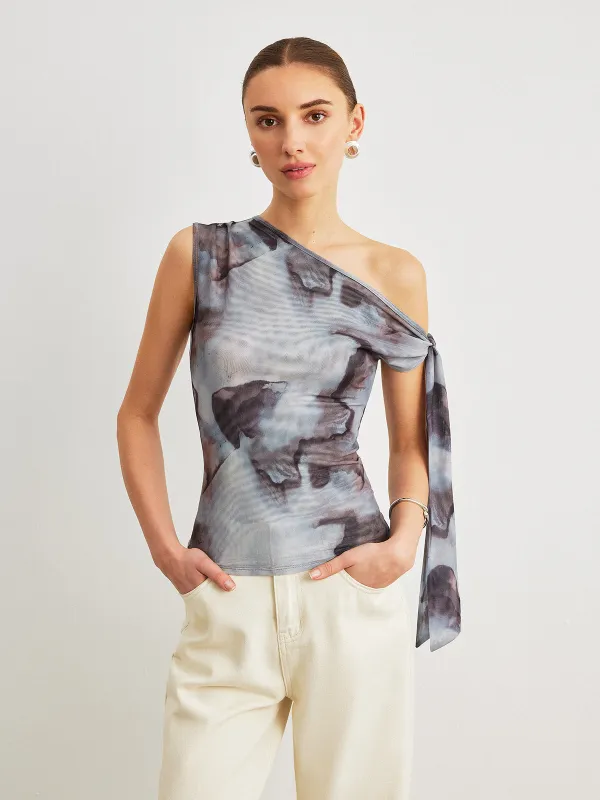 Boho Print  Asymmetrical Neck Mesh Draped Blouse sold by COMMENSE