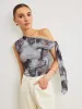 Boho Print  Asymmetrical Neck Mesh Draped Blouse sold by COMMENSE