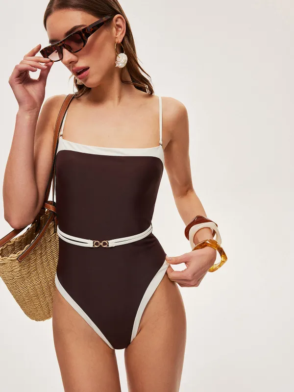 Contrast Trim Metal Detail Spaghetti Strap One-Piece Swimsuit sold by COMMENSE