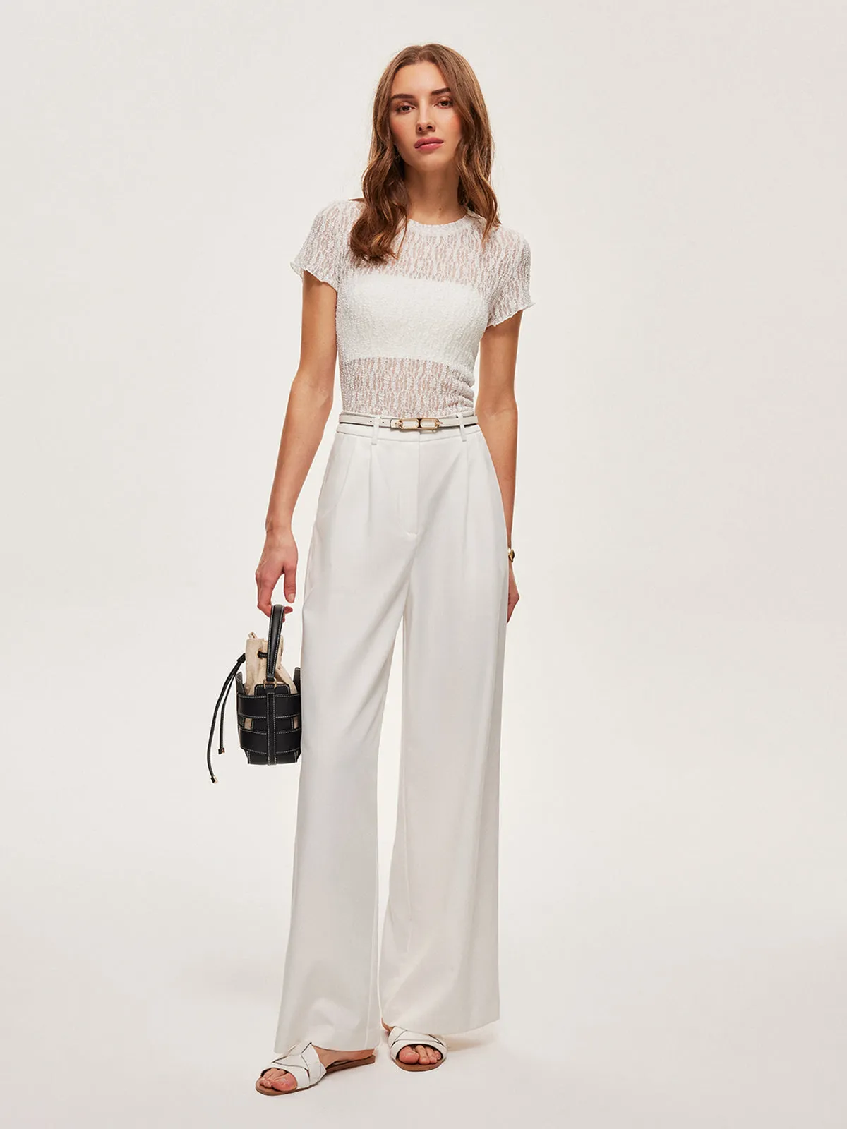 Semi-Sheer Lace Panel T-Shirt sold by COMMENSE product image thumbnail 2