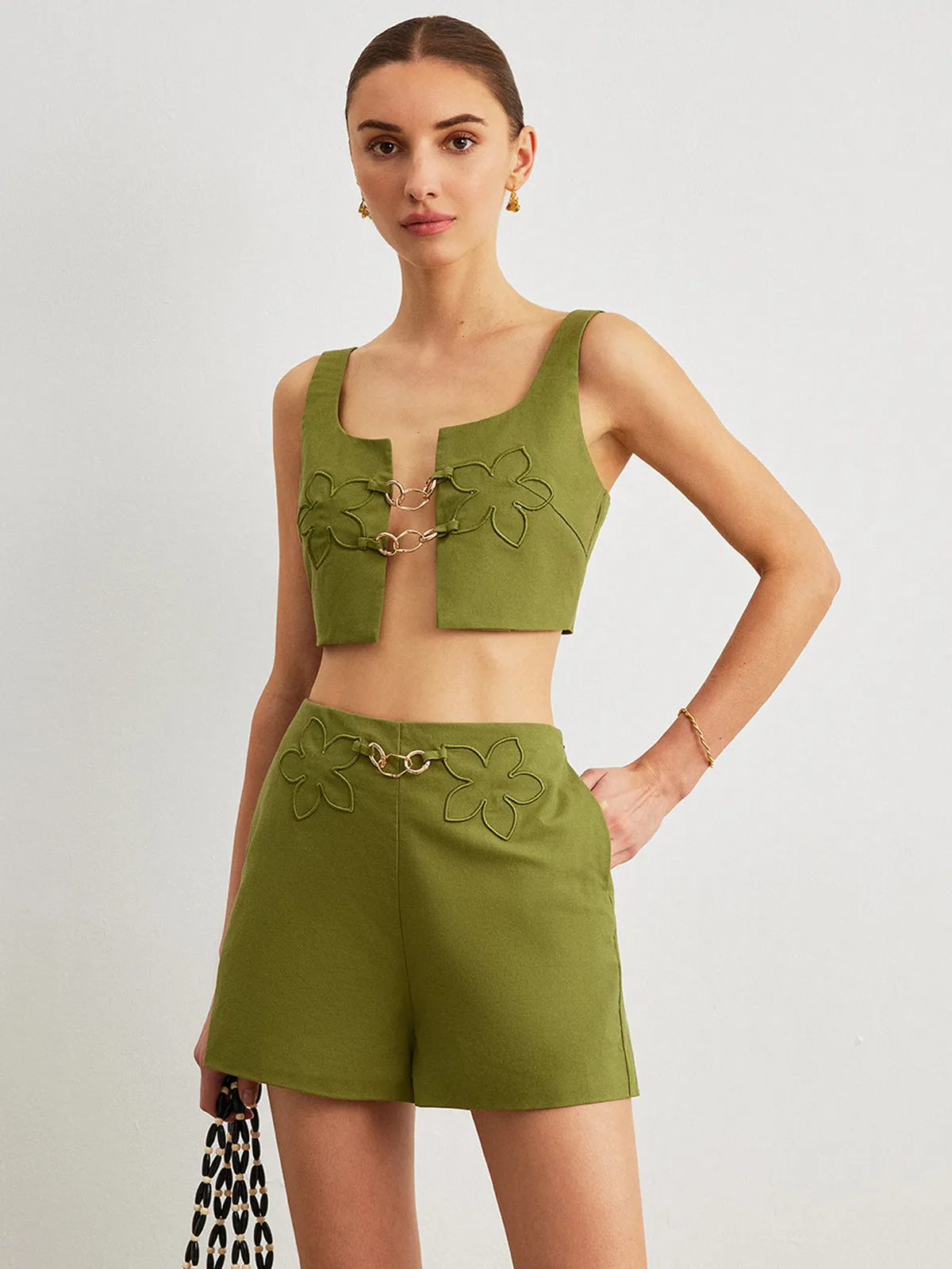 Cotton & Linen Floral Embroidery Metal Detail Shorts Set sold by COMMENSE
