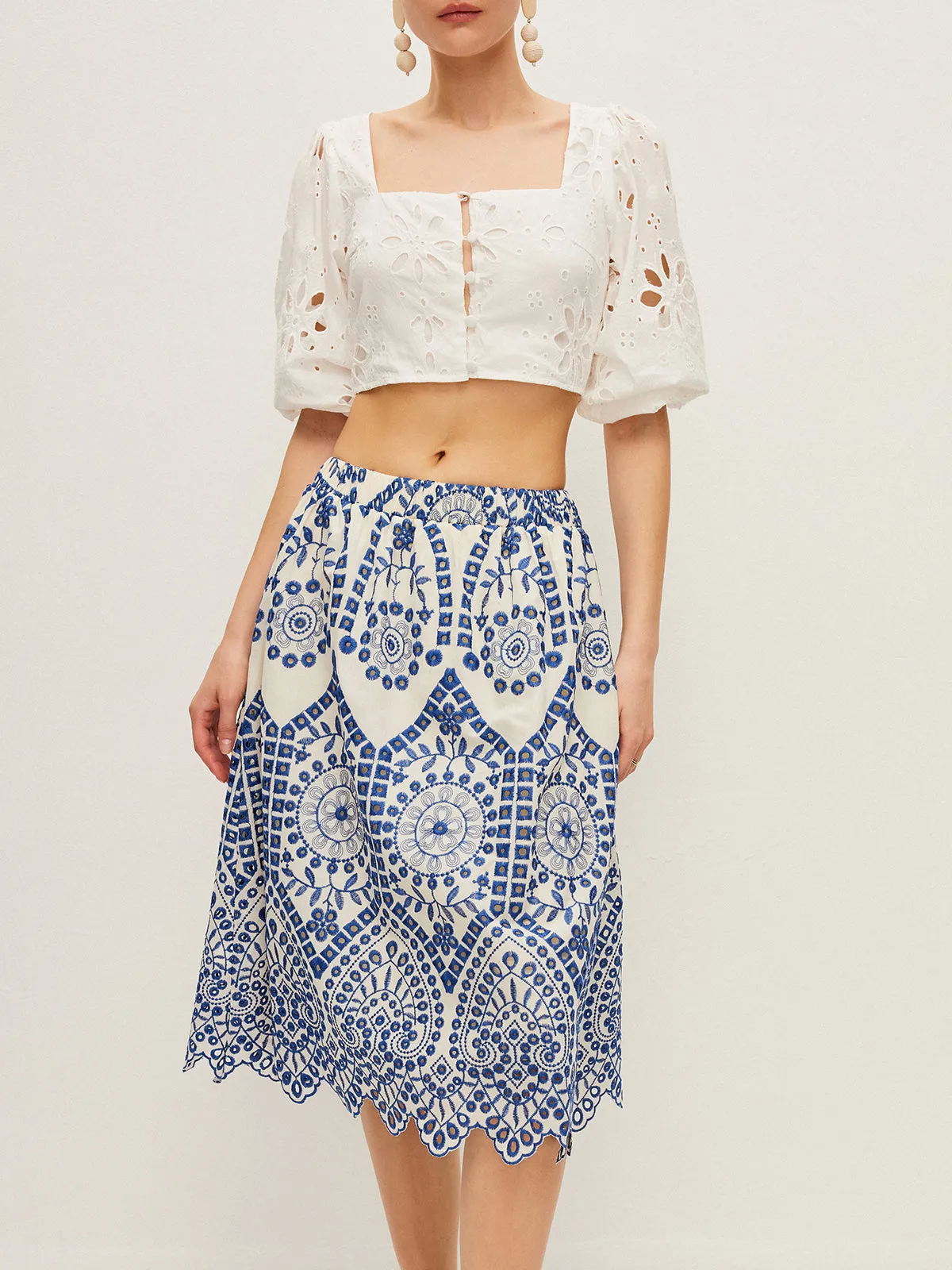 Cotton Embroidery Scalloped Hem Elastic Waistband Skirt sold by COMMENSE