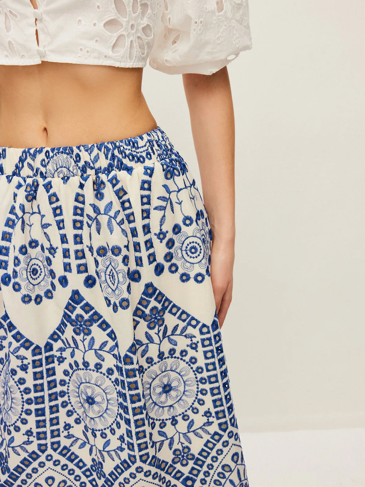 Cotton Embroidery Scalloped Hem Elastic Waistband Skirt sold by COMMENSE product image thumbnail 2