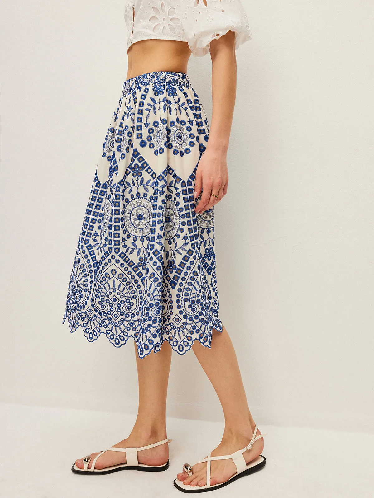 Cotton Embroidery Scalloped Hem Elastic Waistband Skirt sold by COMMENSE product image thumbnail 3