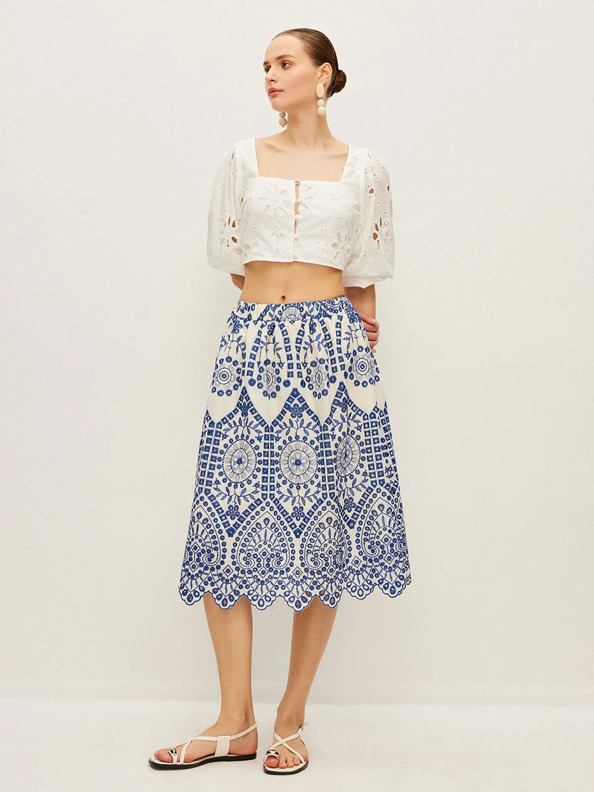Cotton Embroidery Scalloped Hem Elastic Waistband Skirt sold by COMMENSE product image thumbnail 4