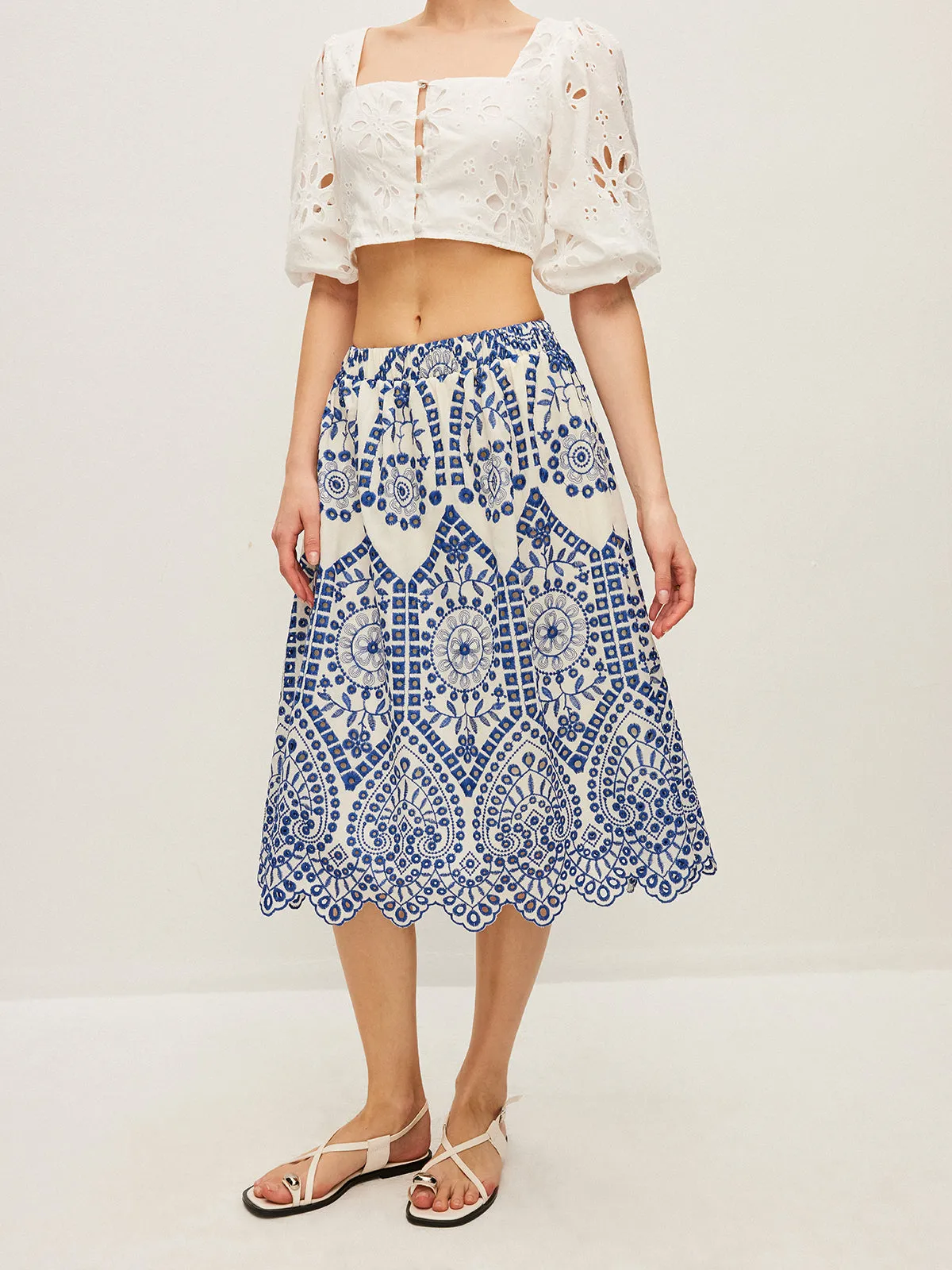 Cotton Embroidery Scalloped Hem Elastic Waistband Skirt sold by COMMENSE product image thumbnail 5