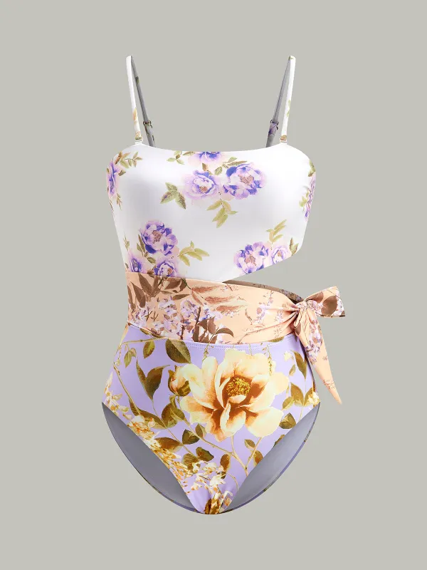 Print Cut-Out Bow Spaghetti Strap One-Piece Swimsuit made by COMMENSE