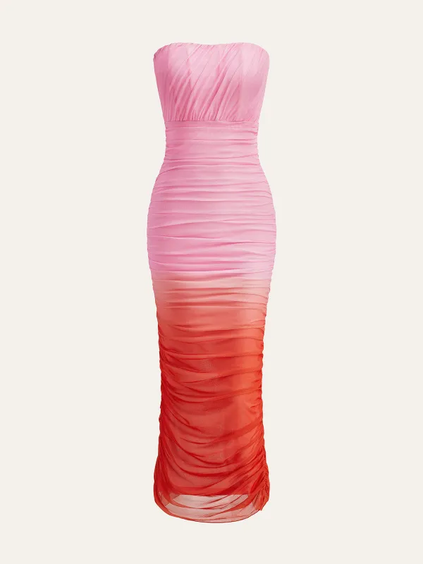 Color Block Gradient Strapless Ruched Mesh Split Dress sold by COMMENSE