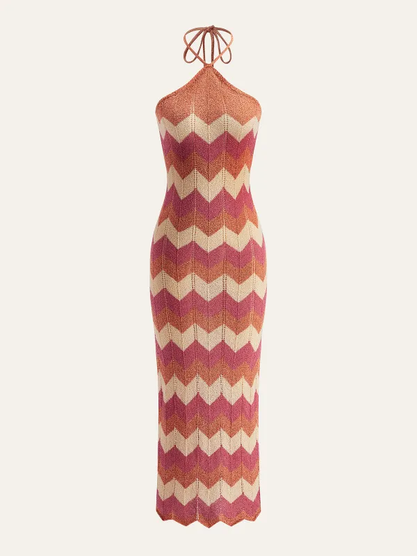 Color Block Halter Knotted Split Sweater Dress sold by COMMENSE
